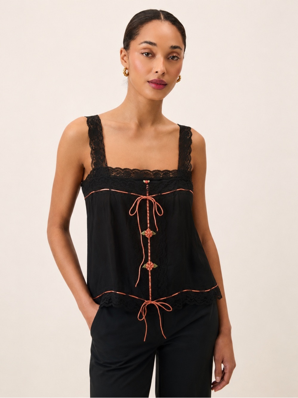 Rouje Black Lace-Trim Camisole with Coral Trim